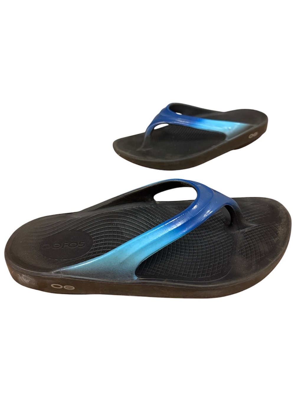 OOFOS OOLALA WOMENS BLACK BLUE SZ 7 FLIP FLOP SANDAL ARCH SUPPORT ABSORBS IMPACT
